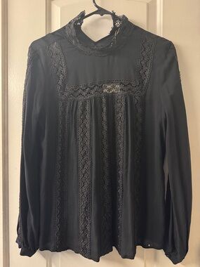 Women's Black Lace-Trim High-Neck Blouse